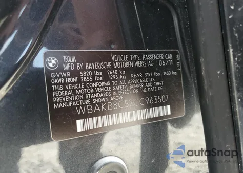 2012 BMW 750 Li from USA, damaged, VIN WBAKB8C52CC963507